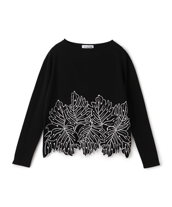 リーフ柄刺繍長袖ニットプルオーバー(ブラック-9号)