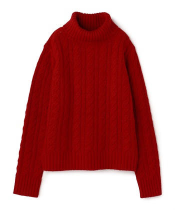 ケーブル編みタートルネックニット(レッド-9号)