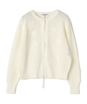 クロシェフラワー付ニットカーディガン(オフホワイト-9号)