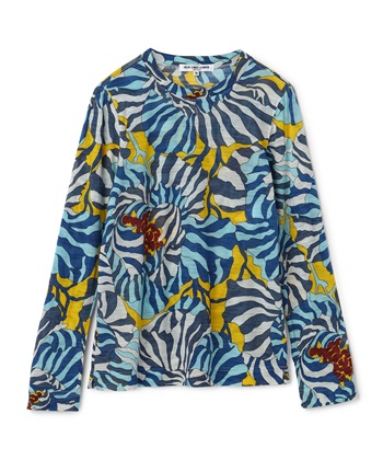 幾何学柄クルーネックカットソー(ブルー-9号)