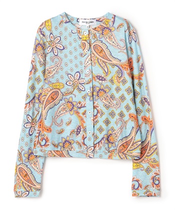 ペーズリープリント丸首カーディガン(ブルー-9号)