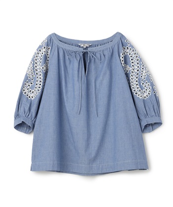 刺繍入りシャンブレープルオーバーブラウス(サックス-9号)