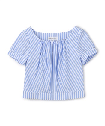 ストライプ柄半袖プルオーバーブラウス(サックス-9号)