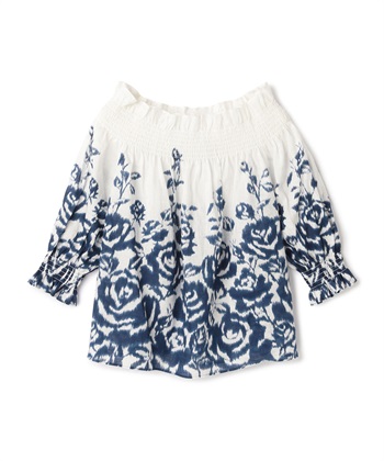 フラワー柄シャーリングブラウス(ブルー-9号)