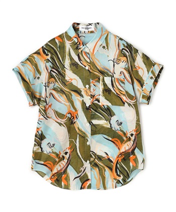 プリント柄コットンローンシャツ(グリーン-9号)