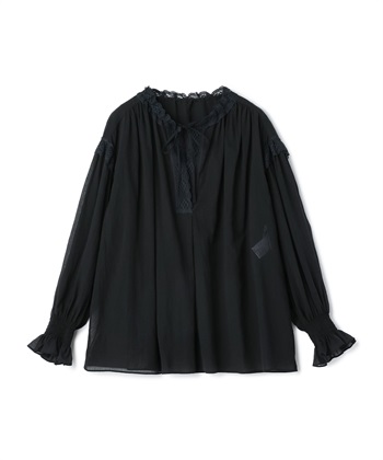 レース付きコットンシフォンブラウス(ブラック-9号)