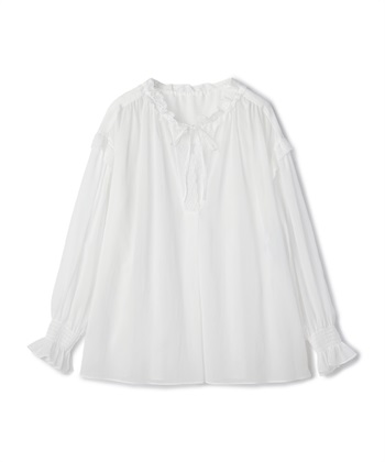 レース付きコットンシフォンブラウス(オフホワイト-9号)