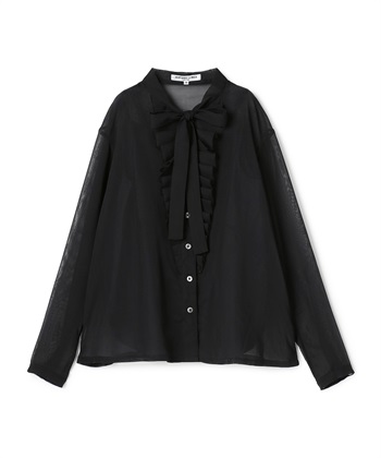 スパンボイルフリル付きリボンタイブラウス(ブラック-9号)