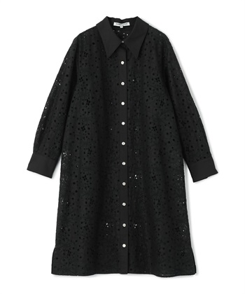カットワーク刺繍入りシャツワンピース(ブラック-9号)