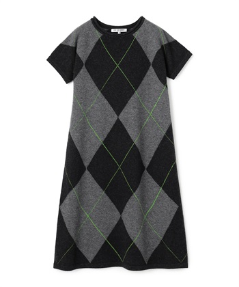 アーガイル柄半袖ニットワンピース(チャコール-9号)