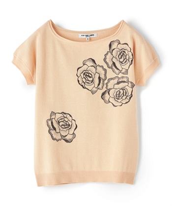 ローズ刺繍半袖ラウンドネックニット(ベージュ-9号)