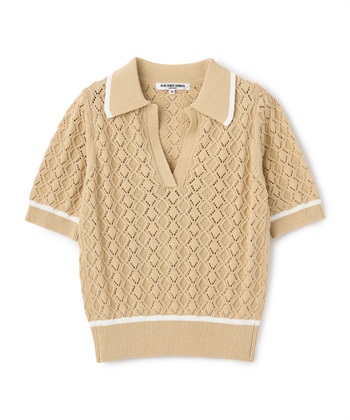 レース編みVネックニット(ベージュ-9号)