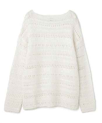 【TIME SALE】ボートネック透かし柄ニットプルオーバー(オフホワイト-9号)