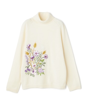 フラワー刺しゅうタートルニットプルオーバー(オフホワイト-9号)