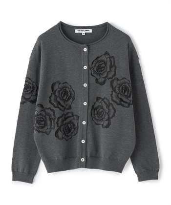 ローズ刺繍長袖クルーネックカーディガン(チャコール-9号)