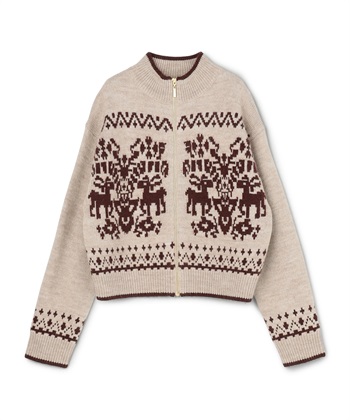 ジャカードジップアップニットカーディガン(ベージュ-9号)