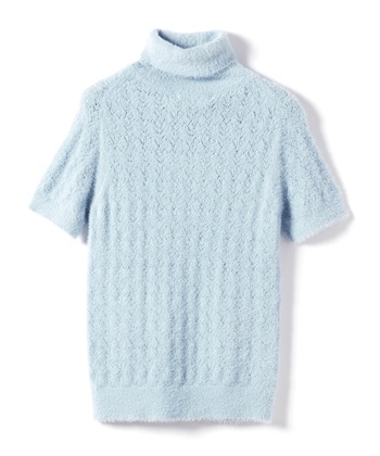 透かし編みタートルネック半袖ニット(ブルー-9号)