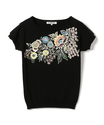 フラワー刺繍入り半袖ニット(ブラック-9号)