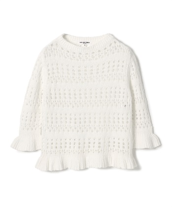 透かし編みボーダーニットプルオーバー(オフホワイト-9号)
