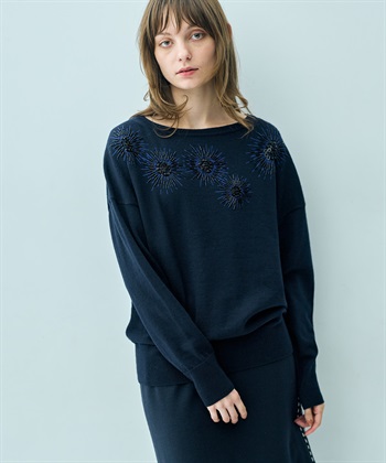 ビーズ刺繍ニットトップス(ネイビー-9号)