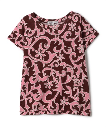 フラワープリント柄フレンチ袖Tシャツ(ボルドー-9号)