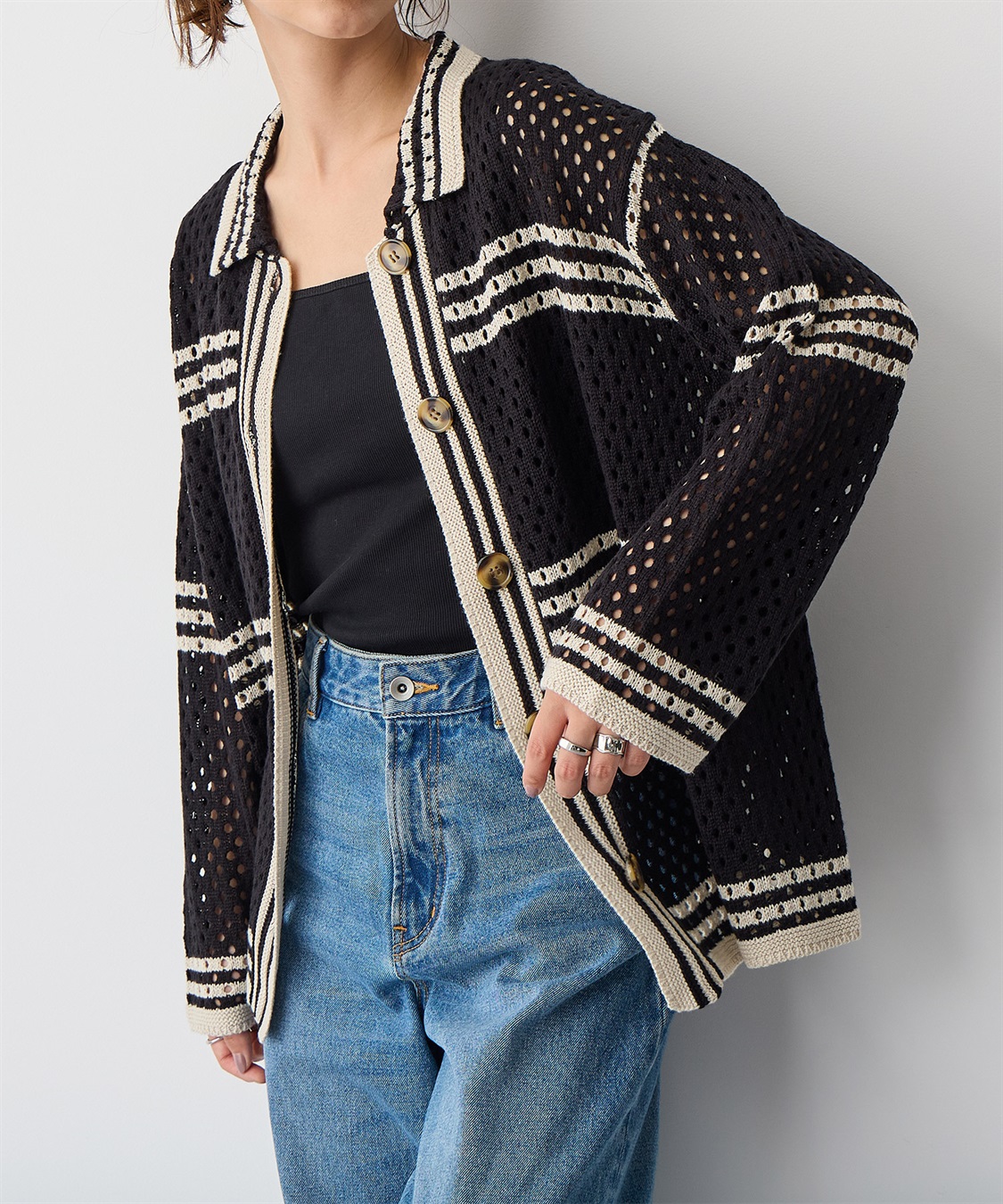 anyfee 【anyfee/プラスサイズ】かぎ針風ニットシャツカーデ_main