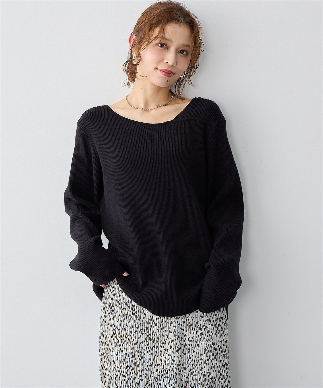 anyfee 【anyfee/大きいサイズ】アシメネックリブニット_main