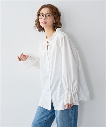 美品✨オーバーサイズ シャツ ブラウス 切り替え kolor 異素材 光沢 セール】『サイド異素材プリーツシャツ』（シャツ/ブラウス
