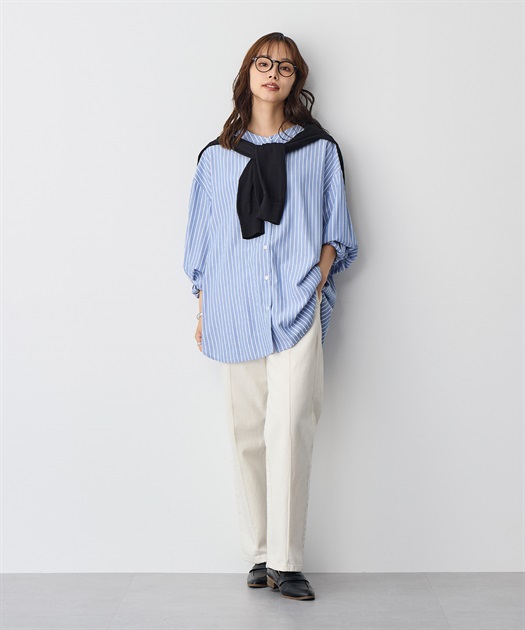 美品 エンフォルド オーバーサイズ バンドカラー ストライプシャツ ブルー 美品 エンフォルド オーバーサイズ バンドカラー ストライプ