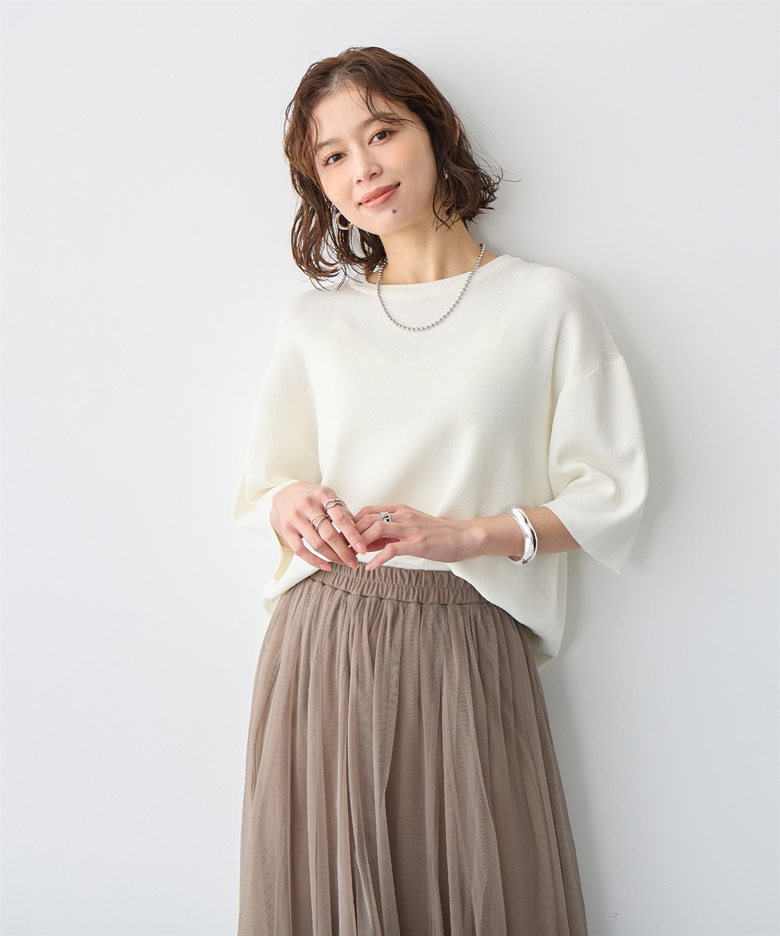 anyfee 【anyfee/プラスサイズ】ドライタッチ半袖ニット《接触冷感/洗濯可能》_main