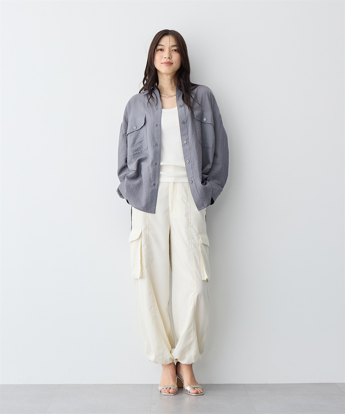 anyfee 【anyfee/プラスサイズ】リネン調ダブルポケットシャツ《接触冷感》■リネンライクシリーズ■_main