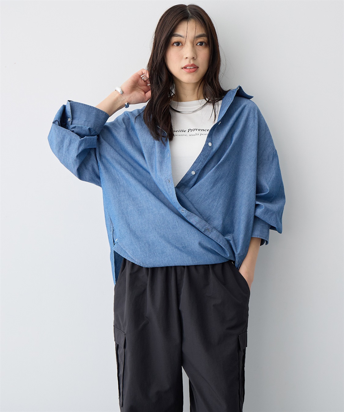 Life Style by cross marche 【anyfee/プラスサイズ】ダンガリーカシュクールシャツ_main