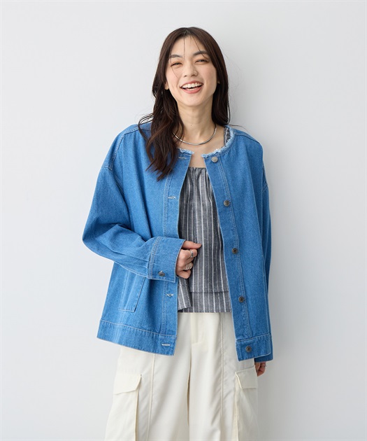 【anyfee/プラスサイズ】ノーカラーデニムジャケット
