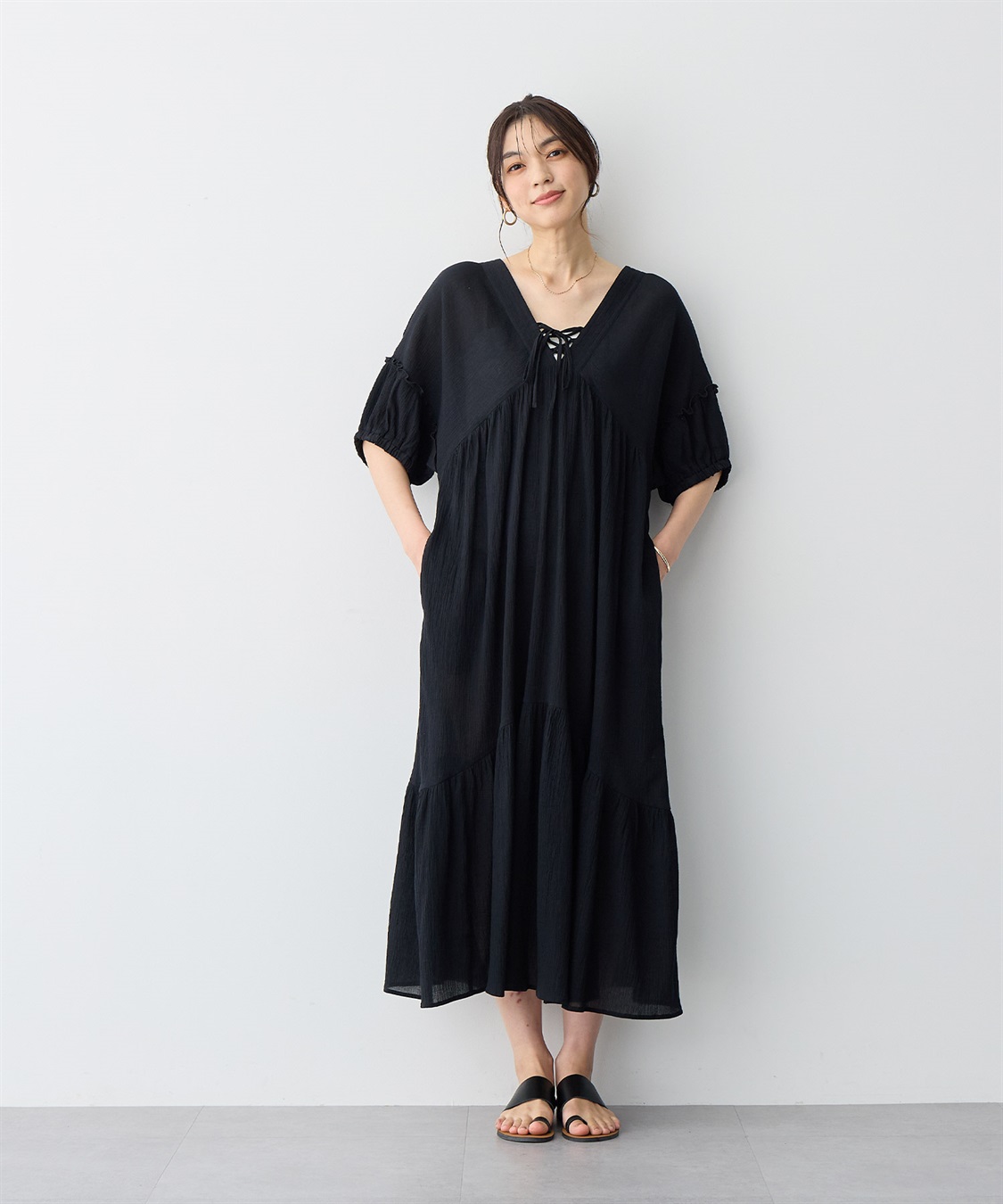 anyfee 【anyfee/プラスサイズ】前後2Wayリンクルコットンティアードワンピース_main