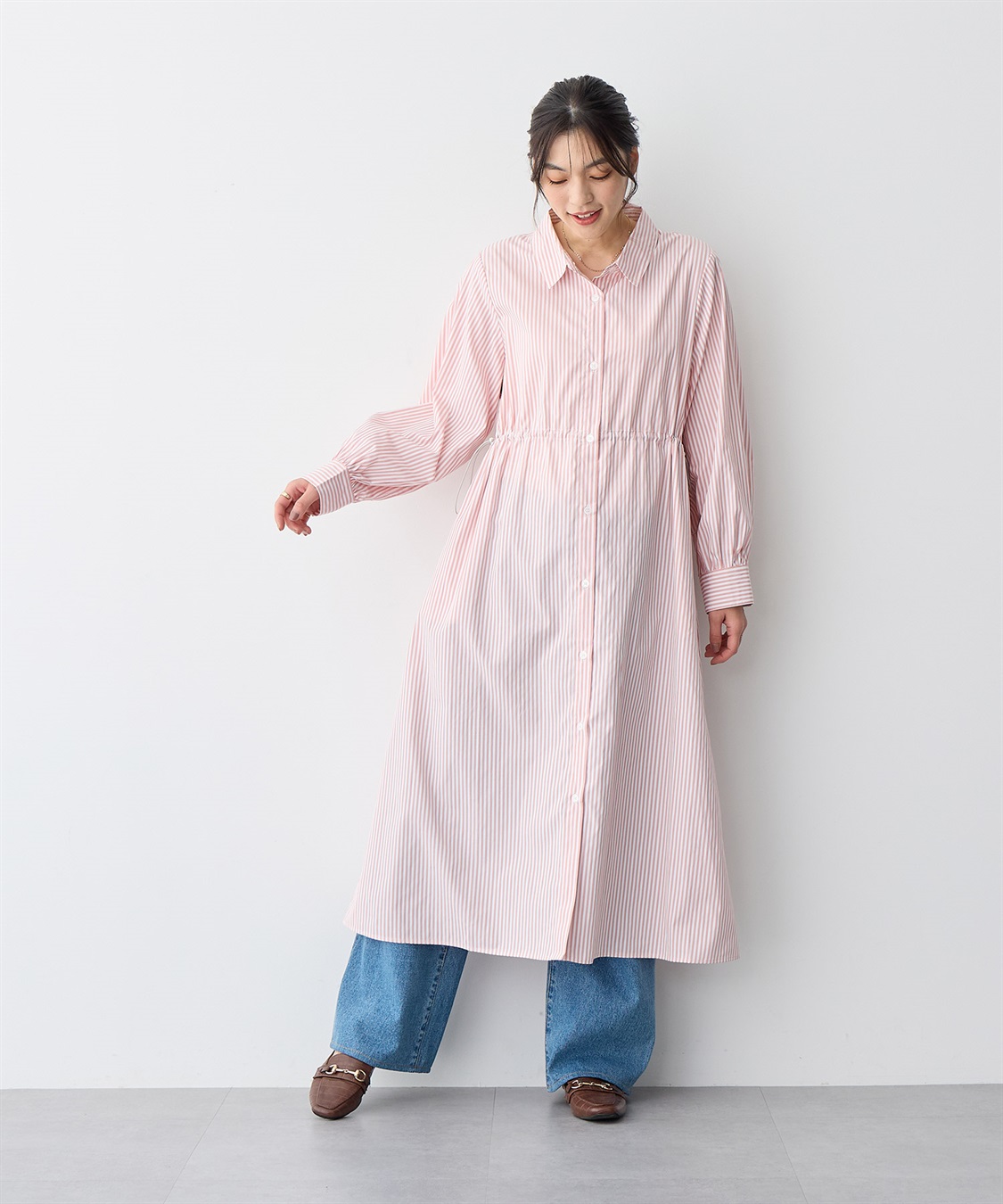 anyfee 【anyfee/プラスサイズ】ストライプ柄ドロストシャツワンピース_main