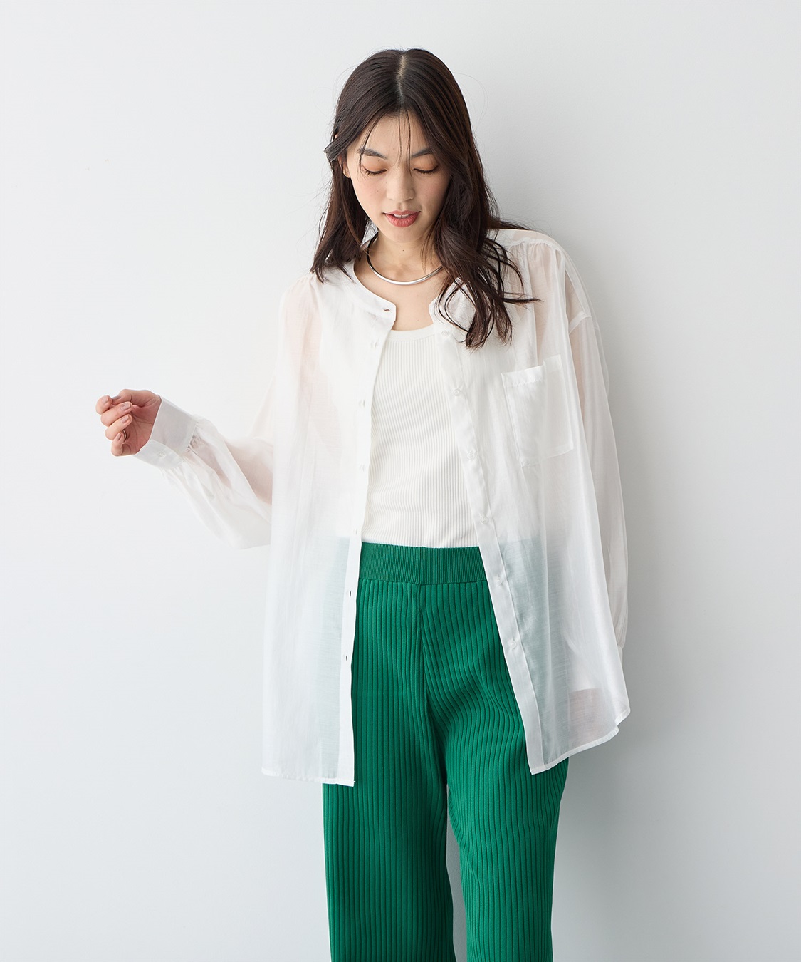 anyfee 【anyfee/プラスサイズ】シアーバンドカラーシャツ_main