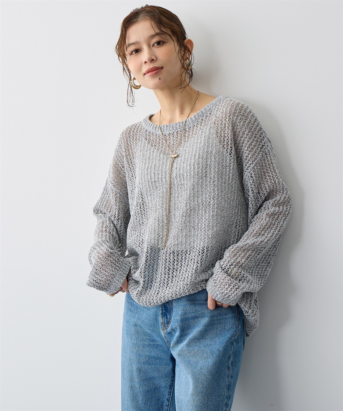 anyfee 【anyfee/プラスサイズ】ブークレヤーン透かし編みルーズニット_main