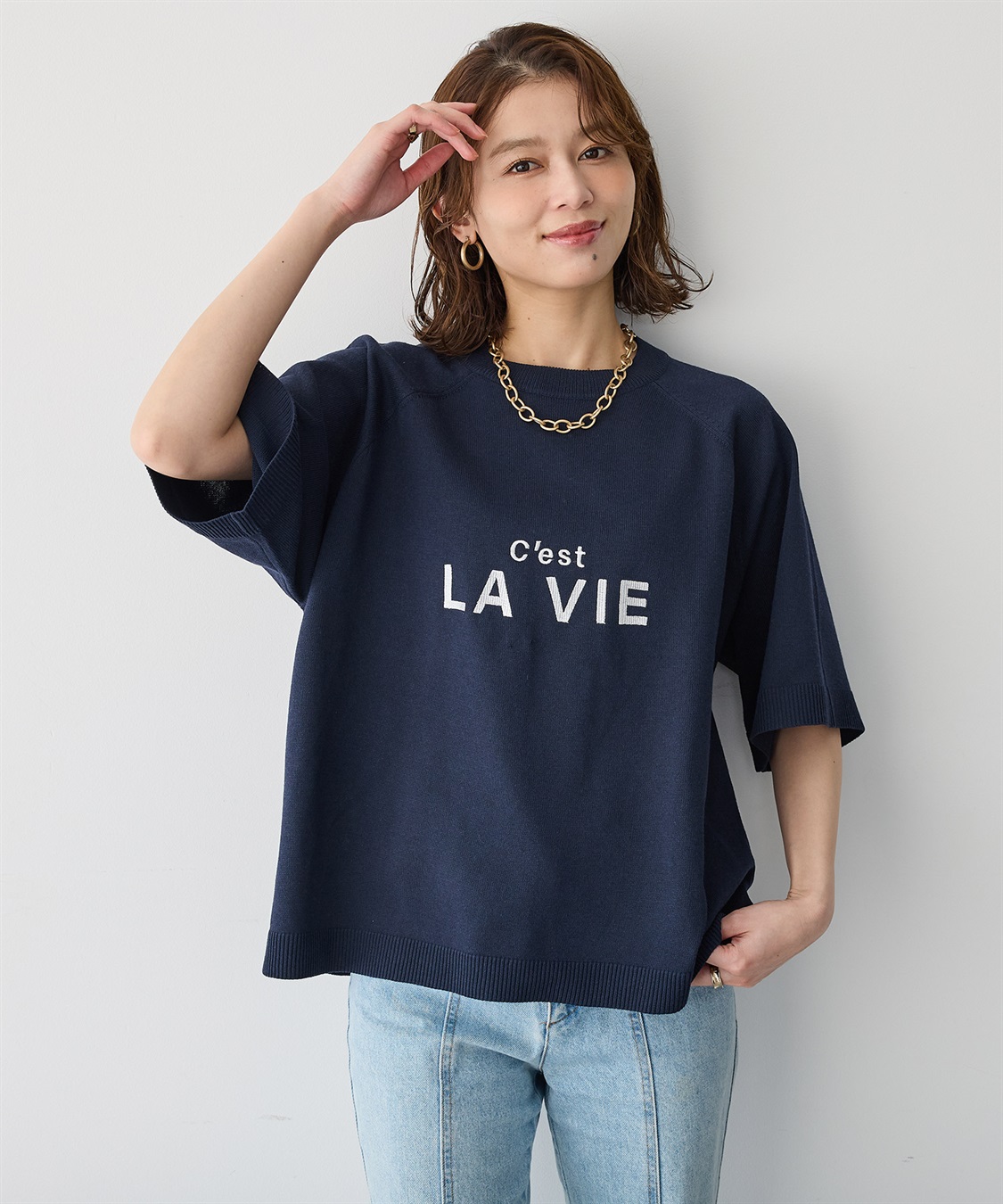 Life Style by cross marche 【anyfee/プラスサイズ】刺繍ロゴ入り半袖ニットトップス_main