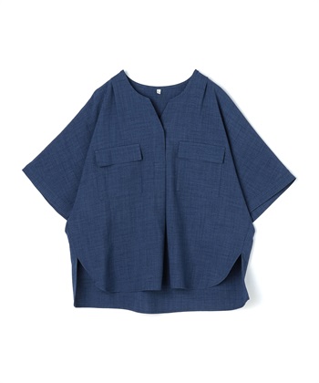 【anyfee/大きいサイズ】リネン調キーネックサファリシャツブラウス◆新色追加◆《接触冷感 ・UVカット・イージーケア 》（セットアップ対応/上下別売り）(ブルー-LL)
