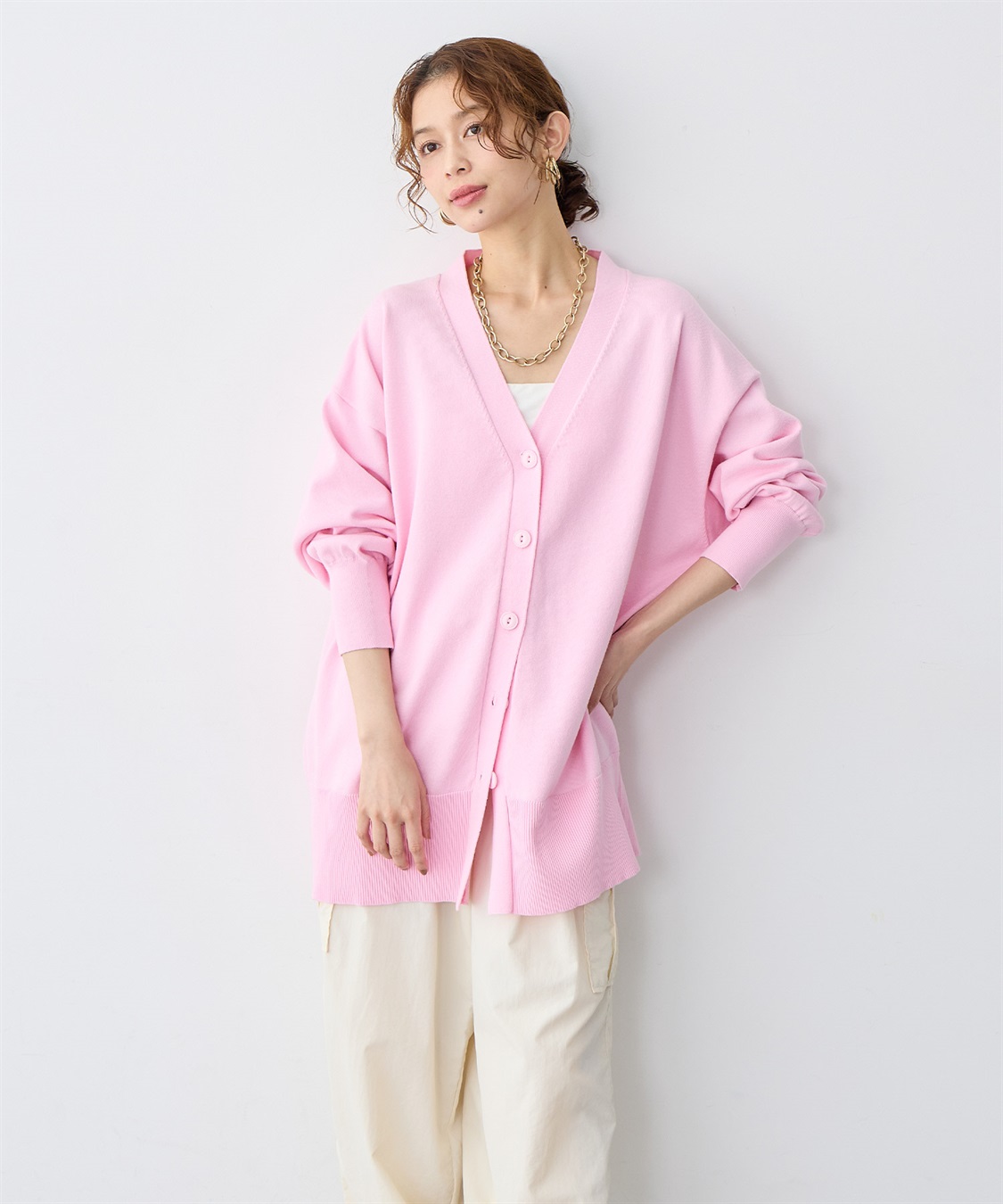 anyfee 【anyfee/大きいサイズ】スウェットライクVネックニットカーディガン_main