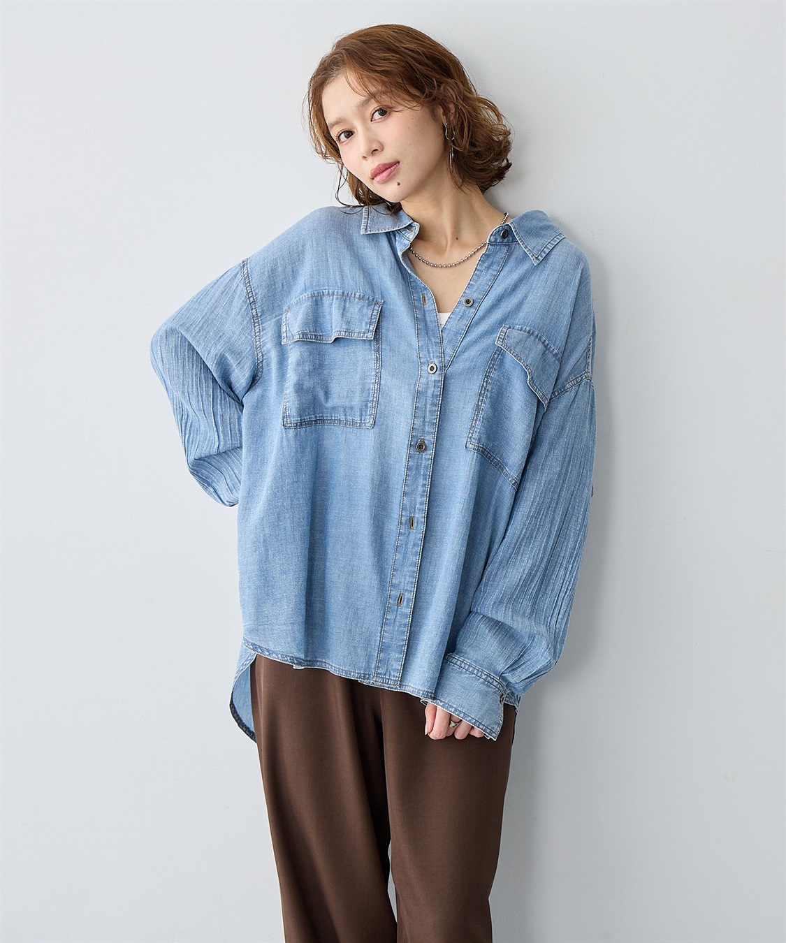 anyfee 【anyfee/大きいサイズ】シアーWポケットデニムシャツ_main