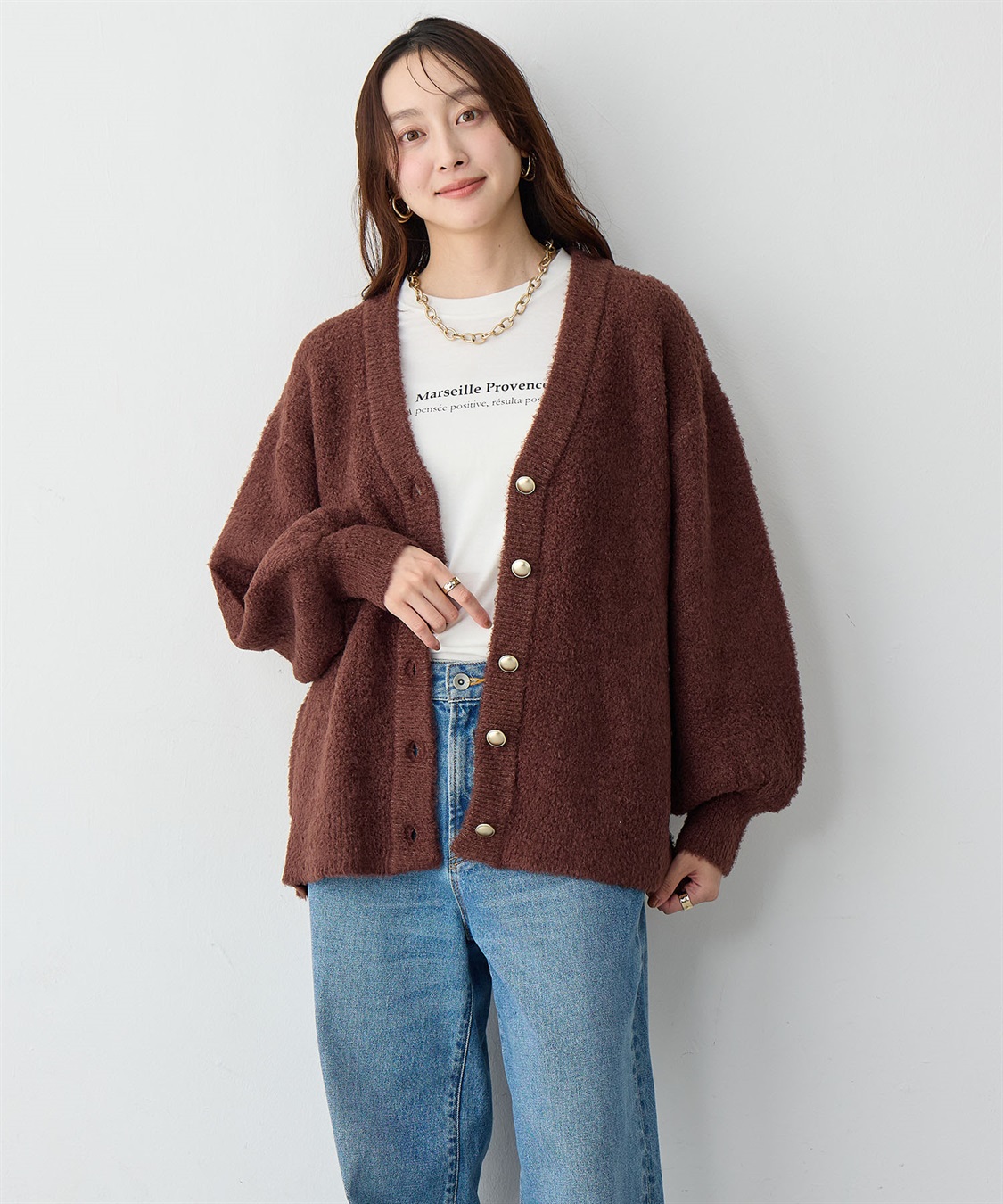 Life Style by cross marche 【anyfee/大きいサイズ】金ボタンブークレニットカーディガン_main