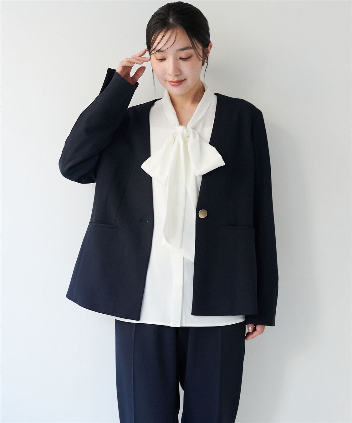 anyfee 【anyfee/大きいサイズ】ニットジョーゼットVネックノーカラージャケット《セレモニー/オケージョン》_main