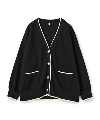【anyfee/大きいサイズ】スウェットライク配色ラインカーディガン(ネイビー-LL)