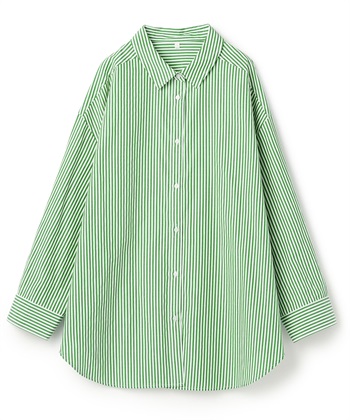 【anyfee/大きいサイズ】リラックスフィットストライプ柄レギュラーシャツ/チュニック(グリーン-LL)