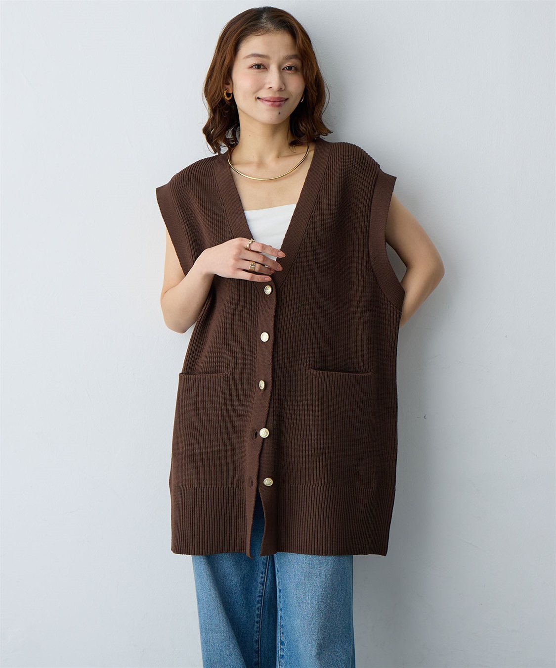 anyfee 【anyfee/大きいサイズ】金釦Vネックニットベスト/チュニック(2026SS)_main