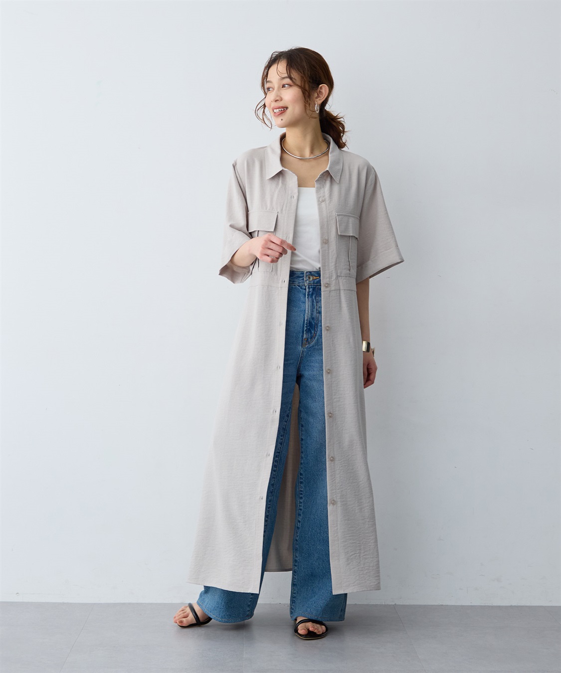 anyfee 【anyfee/大きいサイズ】リネン調サファリシャツワンピース《接触冷感 ・UVカット・イージーケア 》_main