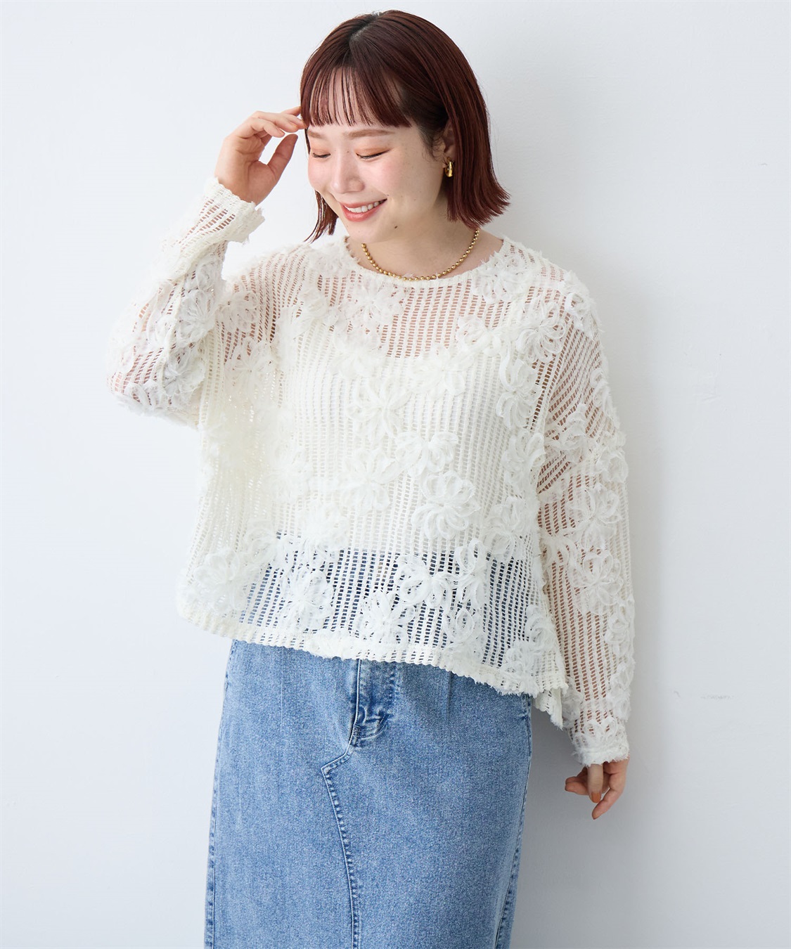 anyfee 【anyfee/大きいサイズ】裾アシメフラワーレースメッシュトップス_main