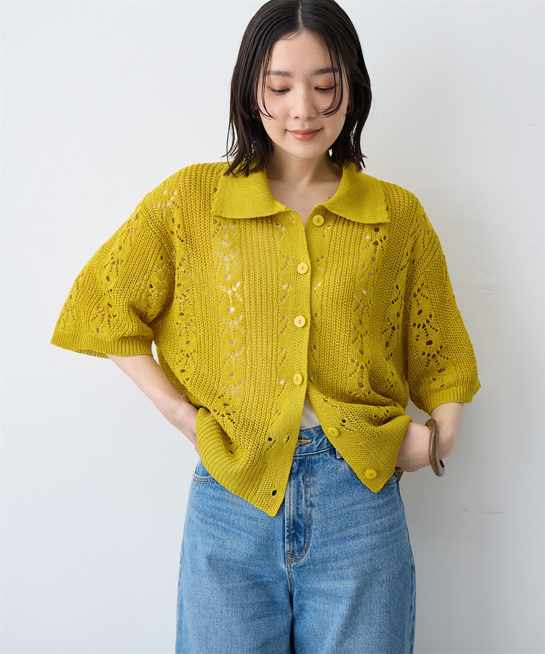 anyfee 【anyfee/大きいサイズ】襟付き透かし編みトップス_main