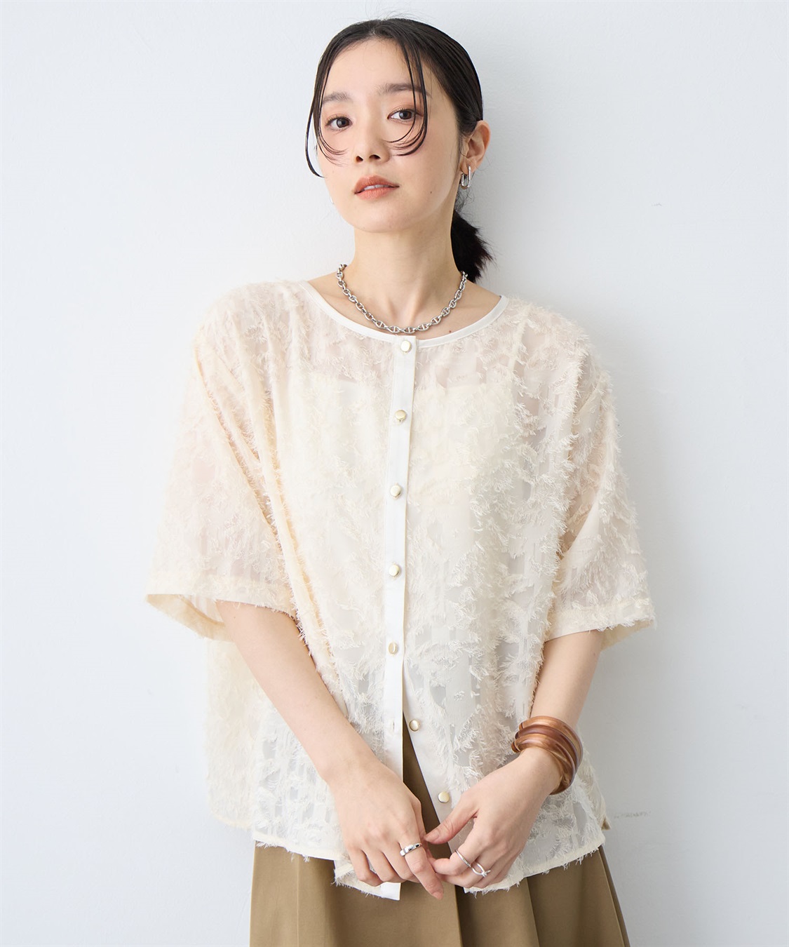 anyfee 【anyfee/大きいサイズ】ニュアンス柄シアージャガードブラウス_main